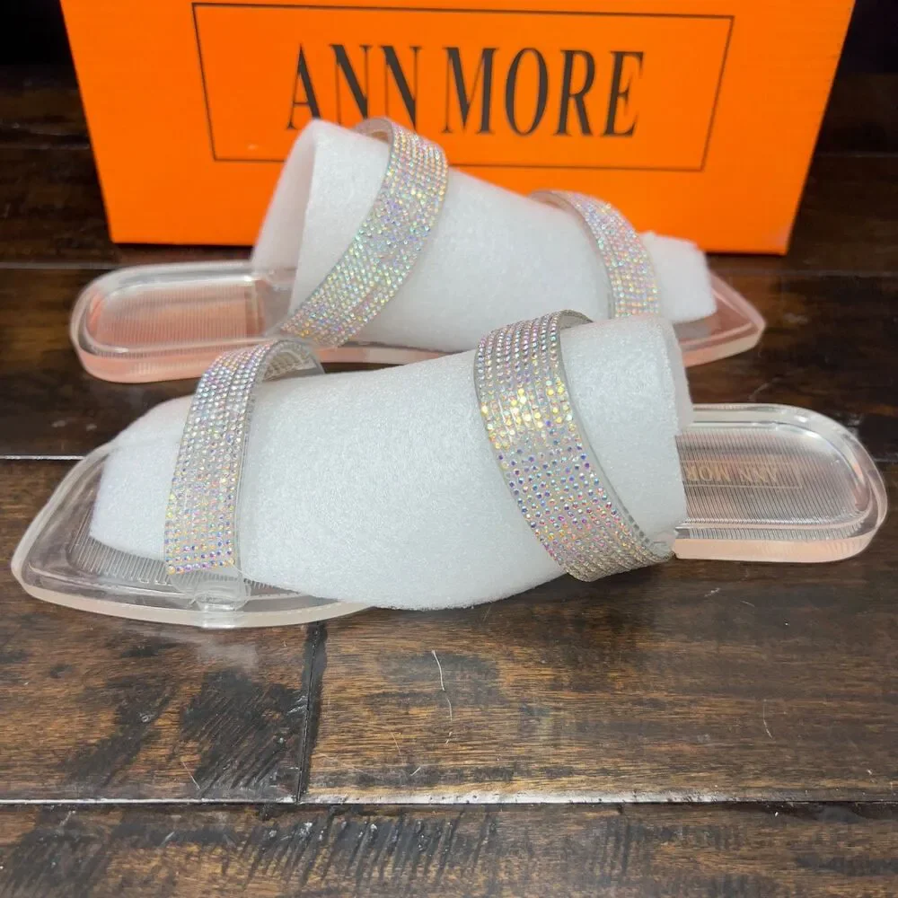 ANN MORE Carson Rhinestone Clear Slide Sandals Women's Size 8 EU 39 Bling Sparkl